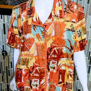 Statement by New Frontier Rayon Button Front Blouse Print Orange Size 16.